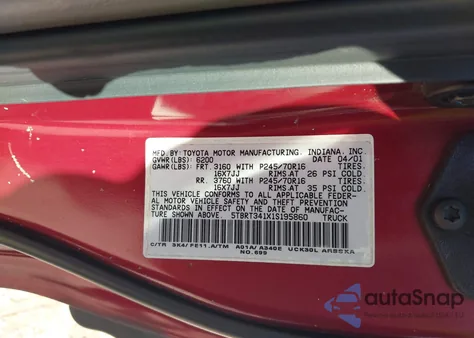 2001 Toyota Tundra Sr5 V8 from USA, damaged, VIN 5TBRT341X1S195860